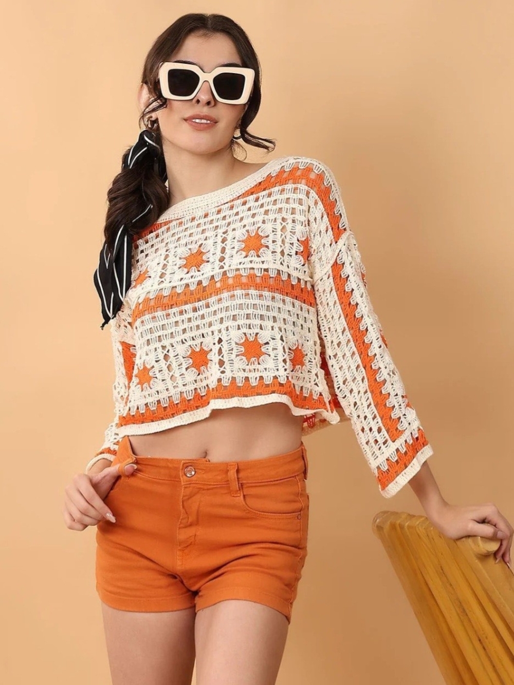 Crochet Granny Square Crop Top One Size NWT Boho Festival Beach Sweater